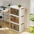 thumbnail image 3 of VECELO Stackable Storage Bins with Lids, 3-Tier Plastic Foldable Storage Boxes with Doors and Wheels, Collapsible Storage Containers, White, 3 of 8