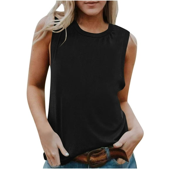 qucoqpe Womens Summer Tank Tops Crew Neck Sleeveless Basic T-Shirts Casual Loose Solid Color Tees Lightweight Pullover Blouse