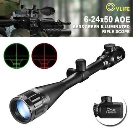 Cvlife Optics Hunting Rifle Scope 6-24x50 AOE Red & Green Illuminated Crosshair Gun Scopes With Free