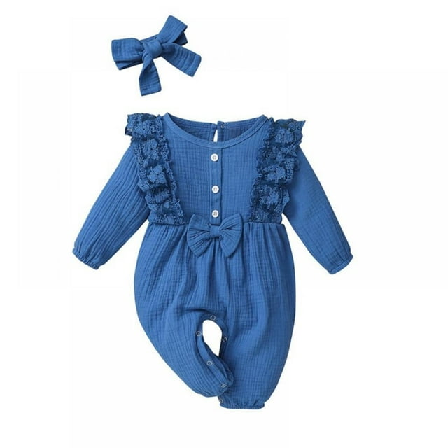 Bébé Fille Volant Noeud Manches Longues une Pièce Coton Body Romper Bandeau Tenues