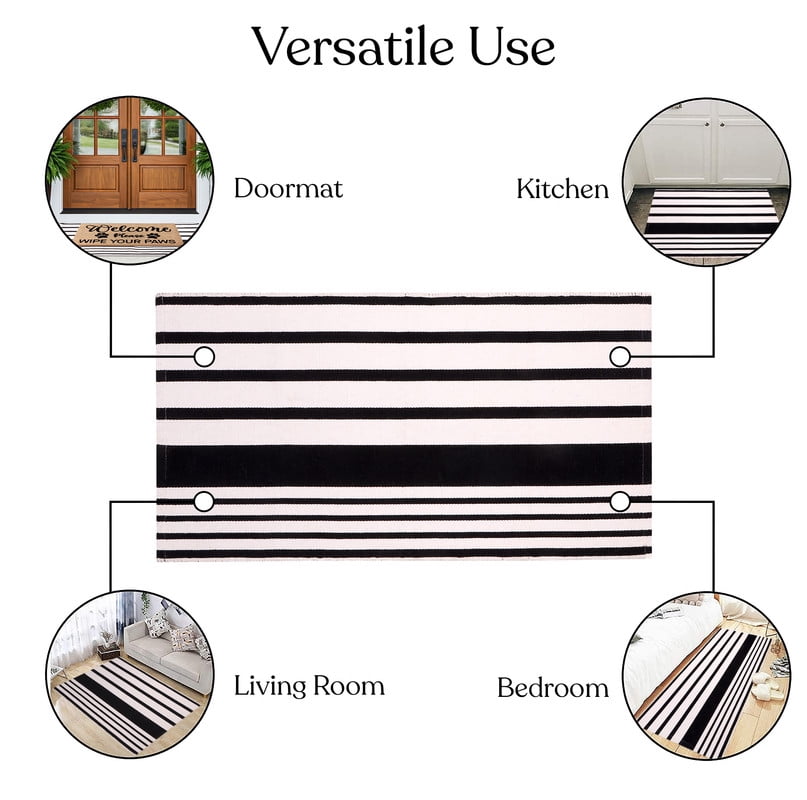 A1HC Coir Welcome Mat and Black & White Striped Cotton Rug Combo Set, 24"x36" & 24"x51", Hand-Woven Washable Entryway Décor
