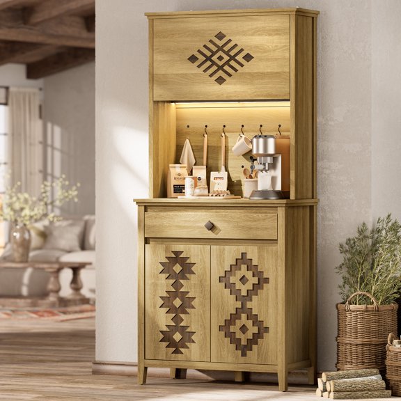 Einhomn 72" Tall Farmhouse Kitchen Pantry Cabinet with Charging Station & LED Light, Flip up Door & Adjustable Shelves,Natural