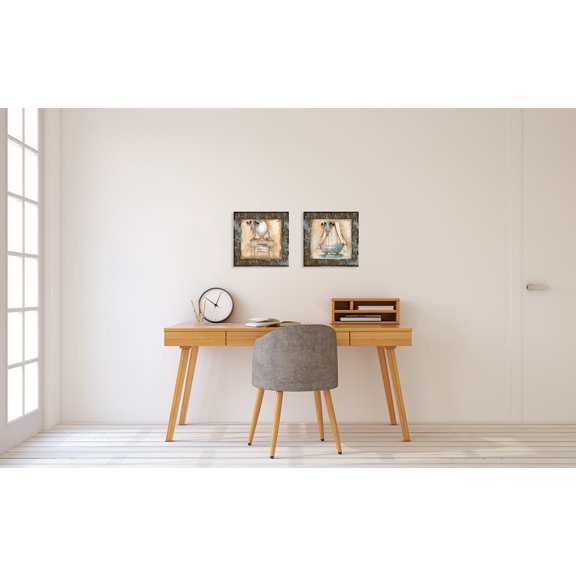 Gango Home Decor Elegant Tub and Vanity Bathroom Wall Art; Two Blue 12x12in Unframed Paper Prints