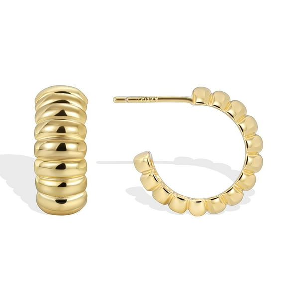 Charm-In Women's Everyday Chunky Rib Open Hoop Earrings - 14K Gold Plated, Medium Size, Lightweight, Hypoallergenic with 925 Silver Posts - Birthday Gift