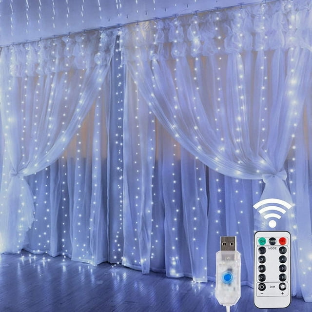 Window Curtain String Lights, 300 LEDs, 8 Lighting Modes, Copper Fairy Lights with Remote Control, USB Powered, Waterproof for Christmas, Bedroom, Party, Wedding, Home, etc.