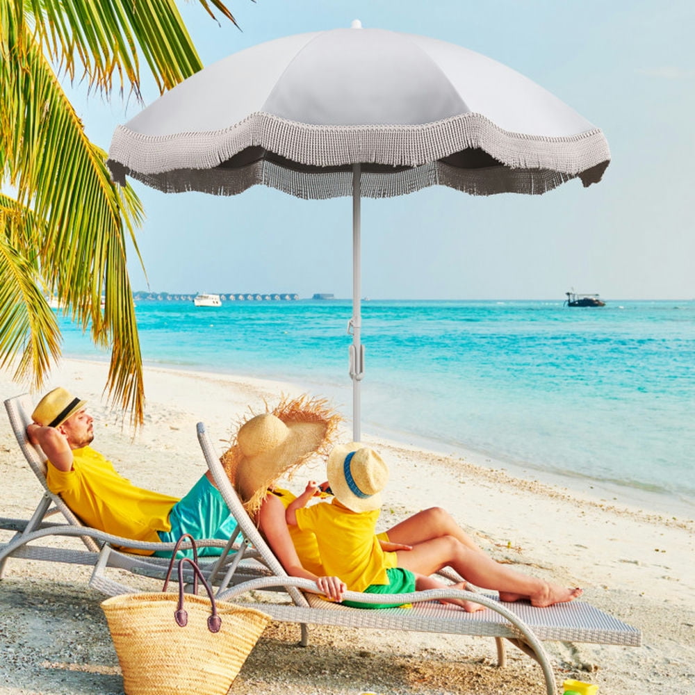 Aimee Lii 6.5 FT Beach Umbrella with Fringe Outdoor Tassel Umbrella with Push Button Tilt, Patio Umbrella, Outdoor Market Umbrella-White