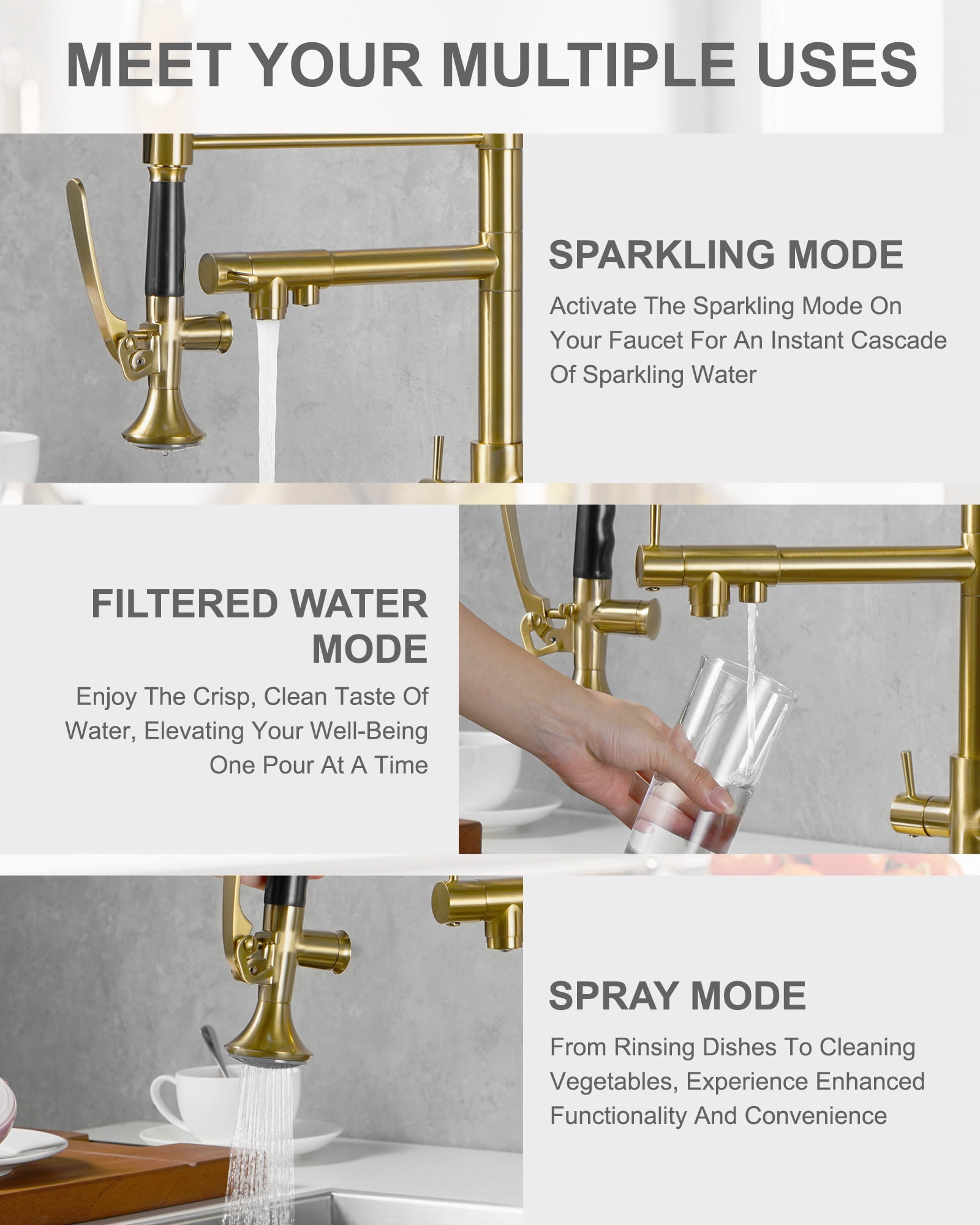 WOWOW Double-Handles Pull Down Sprayer Kitchen Faucet with Drinking Water for 1 or 3 Hole in Solid Brass in Gold