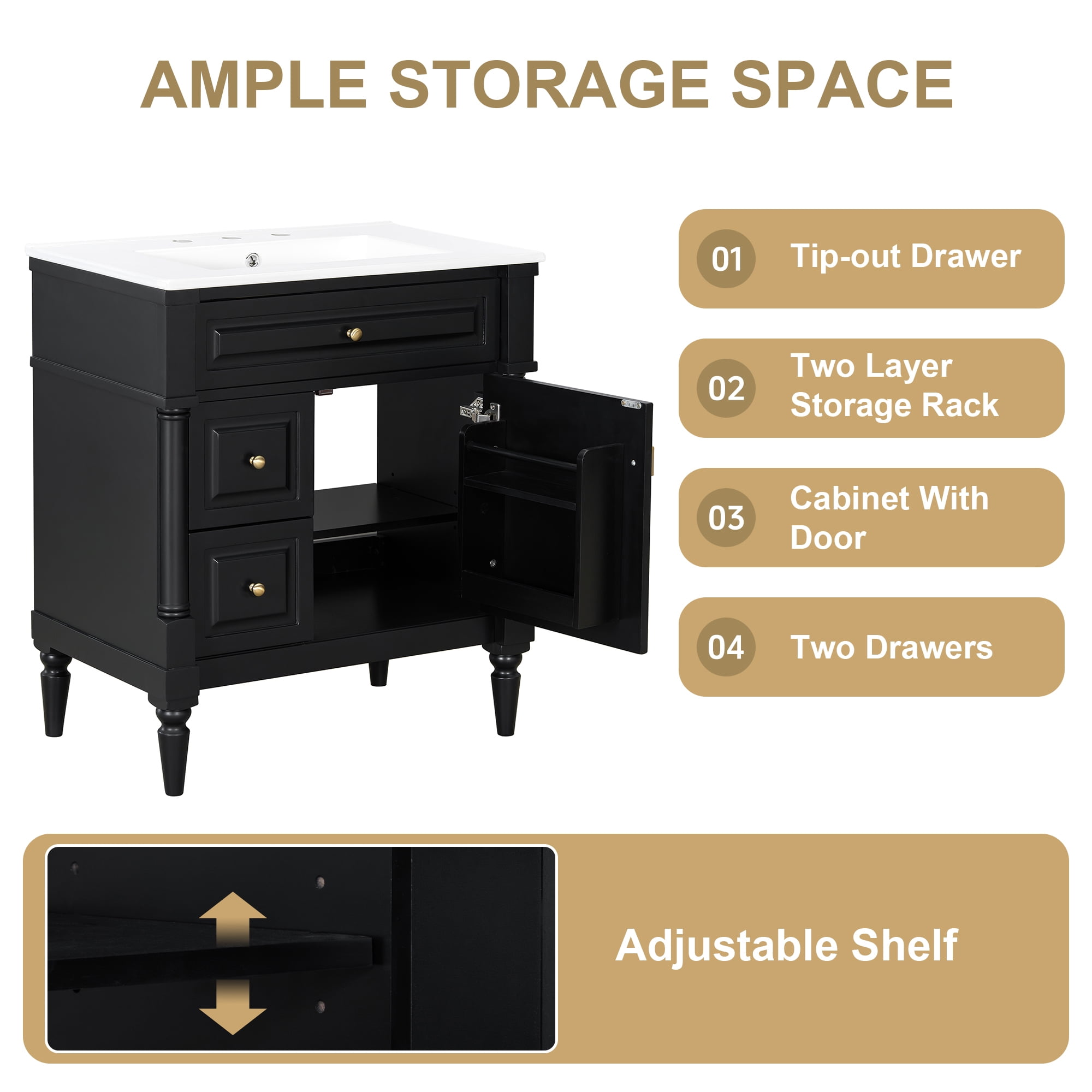 Alvantor 30" Bathroom Vanity with Ceramic Sink, Freestanding Storage Cabinet with Flip Drawers Black