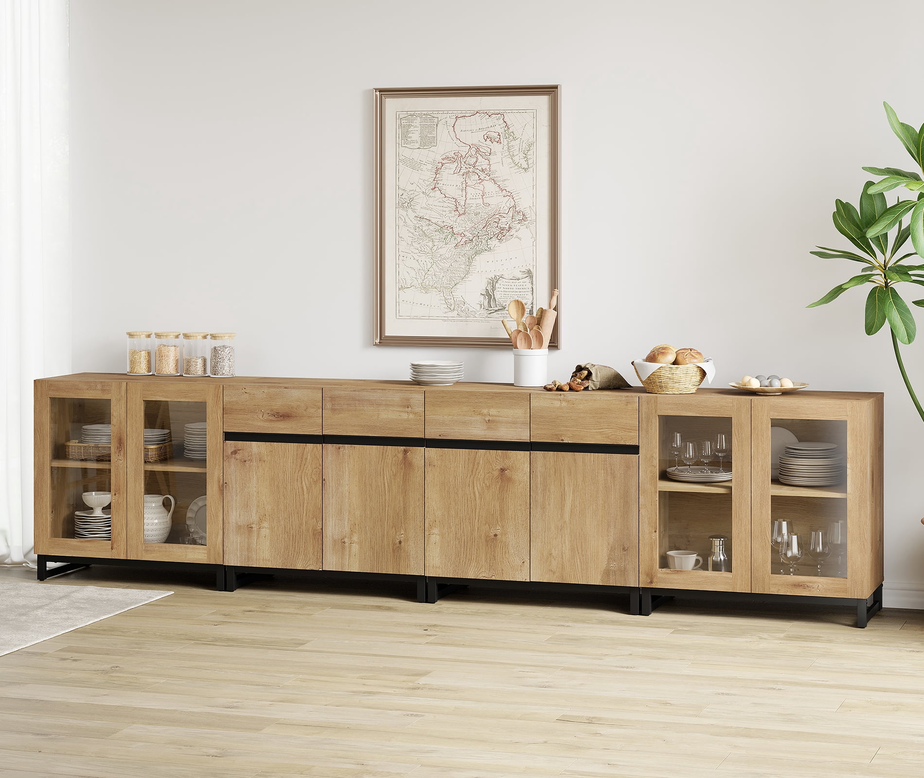 Modern Sideboard With Adjustable Shelves, 4 In 1 Storage Cabinet With Glass Doors, Coffee Bar Cabinet For Living Room, Kitchen,Dinning Room,Oak
