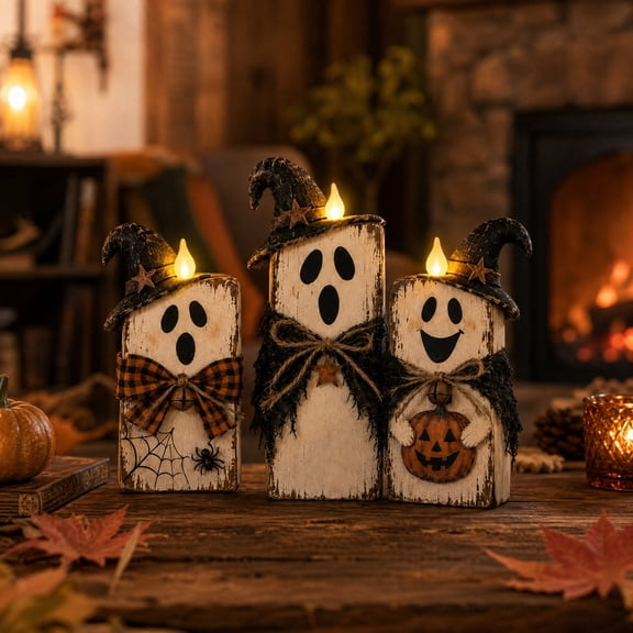 VAIFTILNO Lighted Vintage Wooden Ghost Decor Set, 7.9in 3-Pack Wood Ghost Figurines with Remote Control for Tabletop, Mantel, Shelf, Halloween Decor