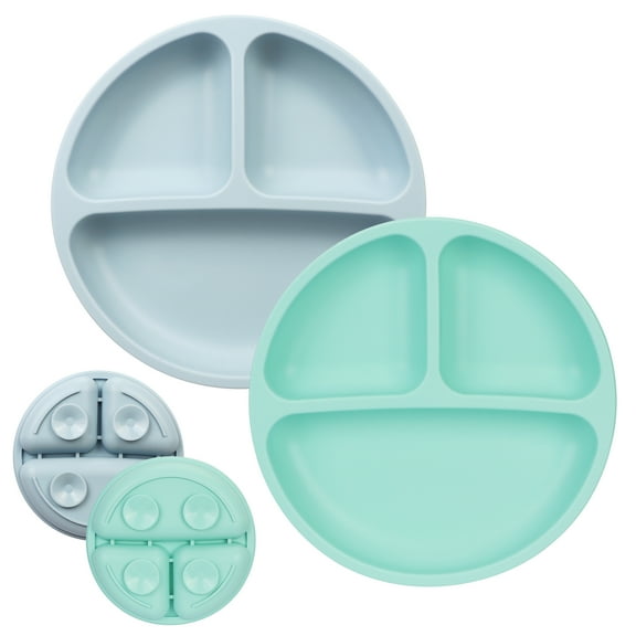 Homelove Round Suction Silicone Plates for Babies Plates for Toddlers,Silicone Grip Dish Baby Toddler Plate Plates Stay Put with Suction Microwave Dishwasher Safe With 4 Suction Cups Blue Green