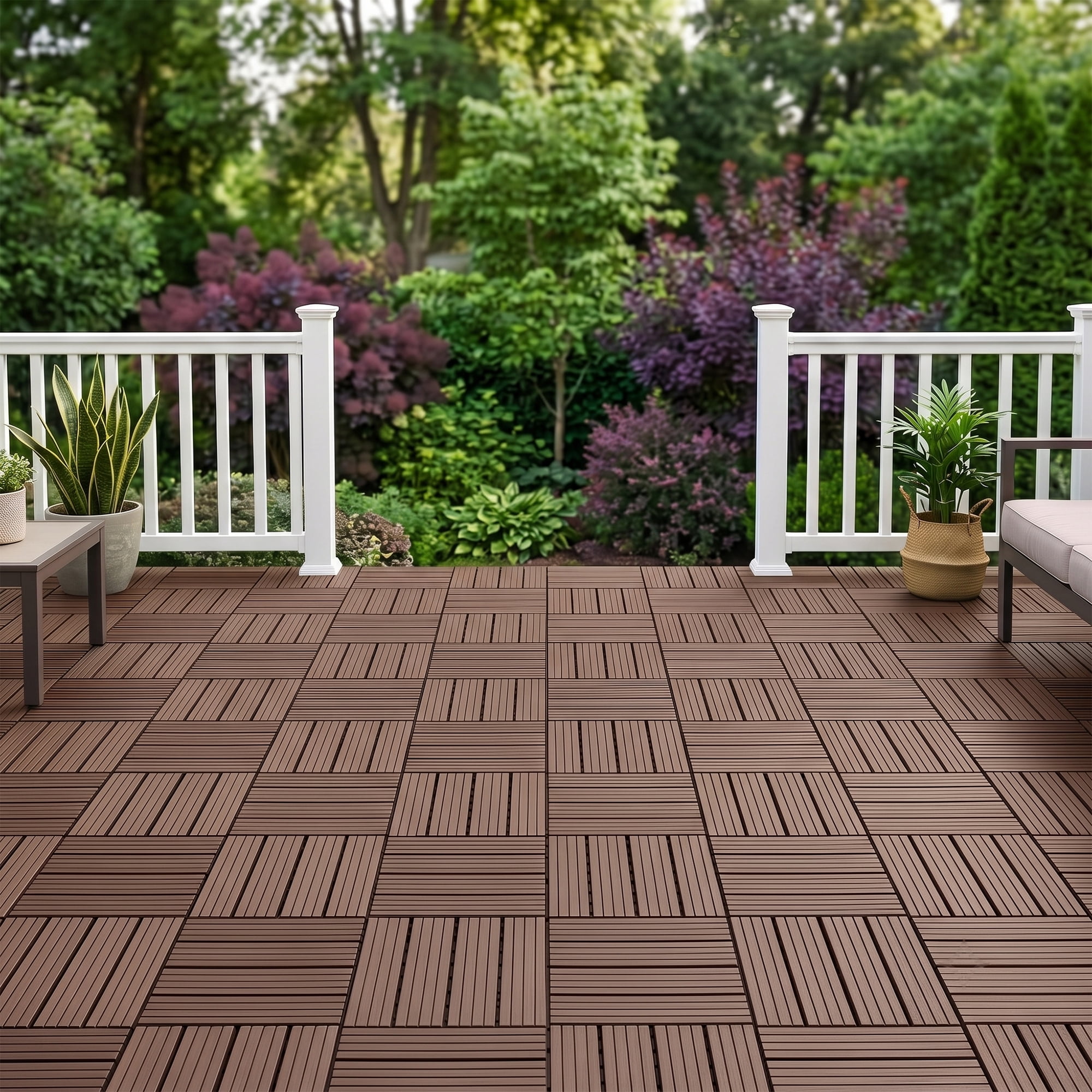 Interlocking Deck Tiles 12x12 in, Waterproof Non-Slip Outdoor Patio Flooring with Drainage Design, Snap Together Tiles for Poolside Porch Garden Backyard, Brown, 44pcs