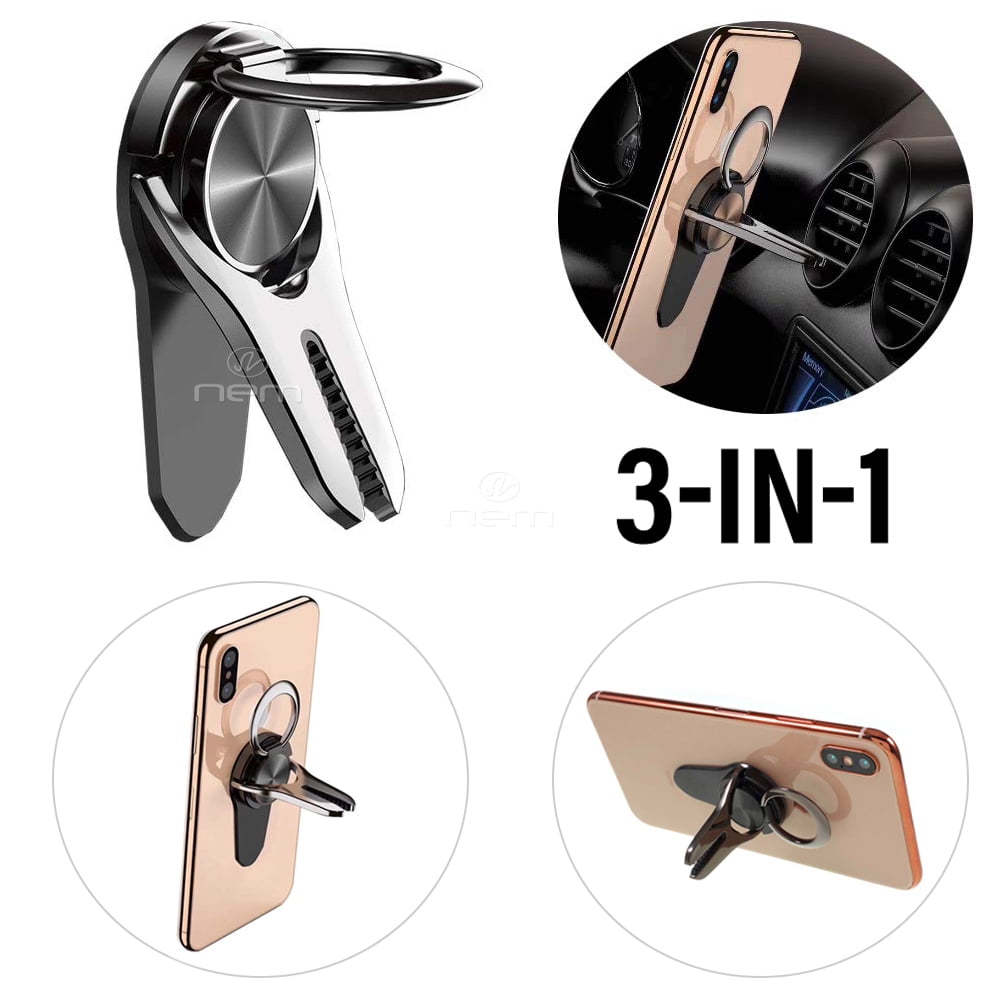 3-IN-1 Universal Car Mount, Magnetic Car Air Vent Mount Clip Mobile Cell Phone Finger Stand Holder