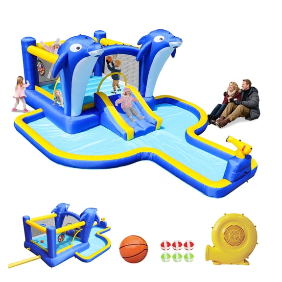 8 in1 Inflatable slide water park trampoline bouncing house outdoor garden with Dolphin sprinkler & Target games & Water gun & Basketball