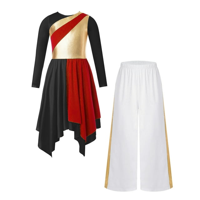 HULIJA Robe Métallique à Manches Longues pour Filles avec Pantalon Grand Costume de Danse Lyrique Rouge&Blanc 14