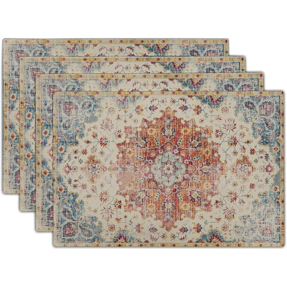 Boho Placemats Set of 4 12x18 Inch Blue Orange Carpet Pattern Vintage Ethnic Coral Floral Print Table Mats Farmhouse Decorative Linen Washable Place for Holiday Party Kitchen Dining Decor
