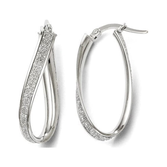 14k White Gold Polished Glitter Infused Oval Hoop Earrings - Measures 28x13mm Wide 3.75mm Thick