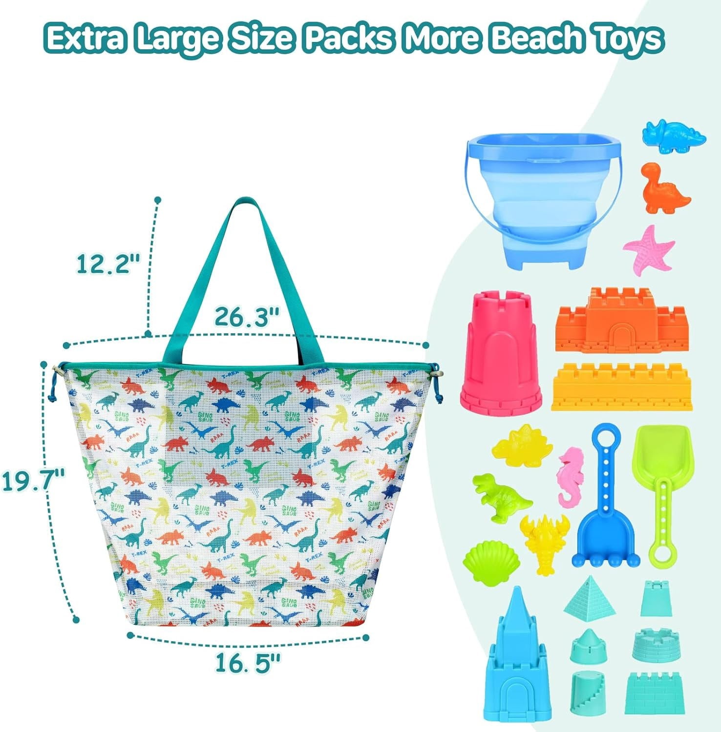 Beach  Bag with Drawstring - Lightweight Mesh Tote Bag for Sand Toys, Beach Swinmming Pool Essentials, Dino Green