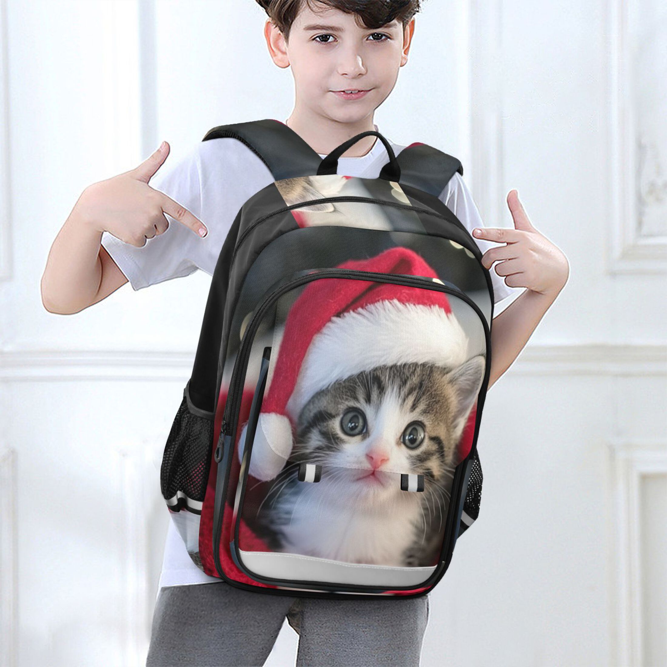 Backpack 12.9 *5.1 * 17.7 Inches Outing Backpack, Shopping Backpack, Travel Backpack Santa Hat Cat Picture