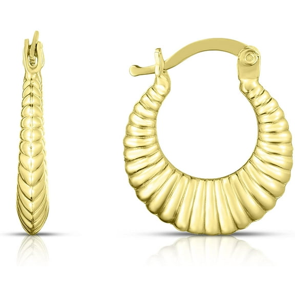 Floreo 10k Yellow Gold Scalloped Ribbed Shrimp Hoop Earrings