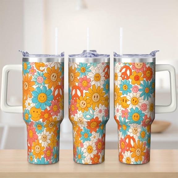 Cute flowers tumbler 40 oz tumbler with handle and straw 304 stainless steel travel cup coffee mug water bottle suitable as a gifts for women mom gifts gift for flowers lovers