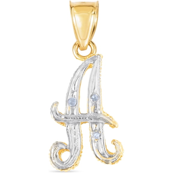 Floreo 10k Yellow Gold and White Gold Two-Tone 21.5mm Cursive Personalized Alphabet A-Z Initial Pendant with Optional 1.1mm Solid Cable Chain, 18" Inch