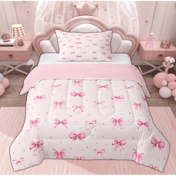 Erosebridal Cartoon Ribbon Twin Comforter Sets for Kid, Butterfly Knot Bedding Set, Pink, 2 Pieces