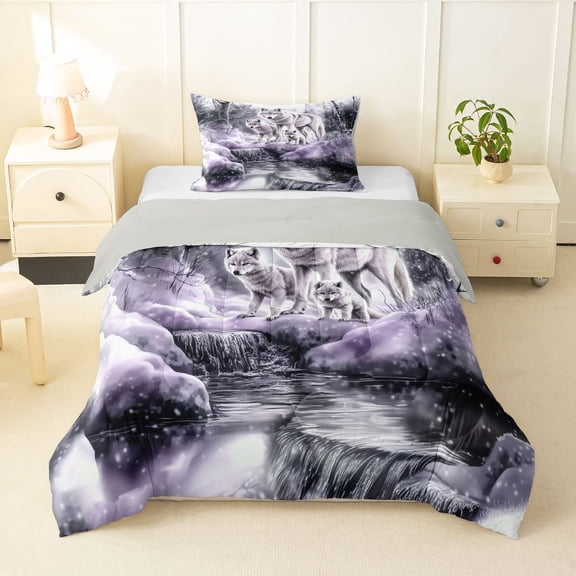 Manfei Vintage Wildlife Twin Comforter Sets,Rustic Wolves Bedding Set,Gray,Light Gray Reversible,2 Pieces,1 Comforter and 1 Pillowcase