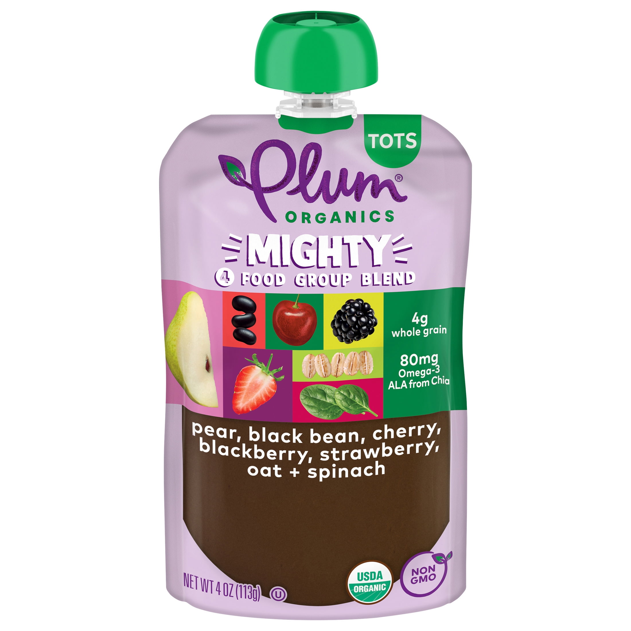 (8 pack) Plum Organics® Mighty 4 Food Group Blend Pear, Black Bean, Cherry, Blackberry, Strawberry, Oat + Spinach 4oz Pouch