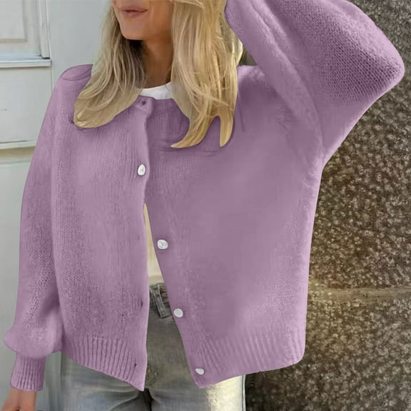 Women's Button Crew Neck Cardigan, Long Sleeve Knitted Sweater Outwear, Fall Winter Open Front Knitwear Coat Purple S