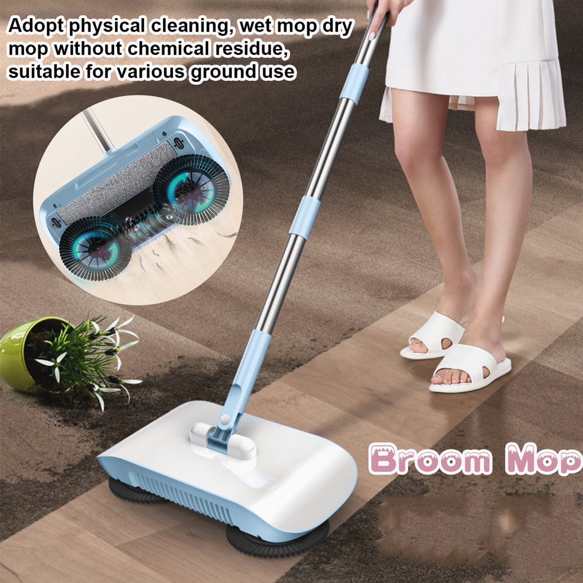 Basstop 3 in 1 360°Hand Push Sweeper Household Broom Dust Mop with  Adjustable Hand Push Rod