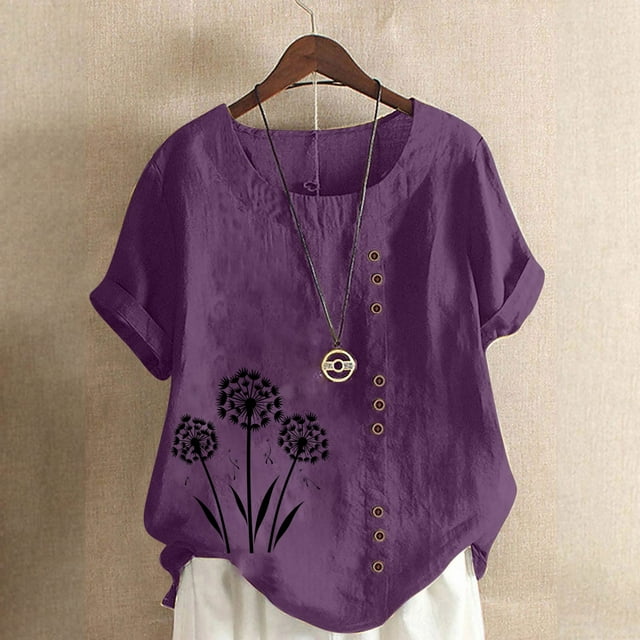 Lydiaunistar Womens Spring Casual Printed Short Sleeve Button-Up T-Shirt Blouse, Lightweight Polyester Plus Size Tops for Work Vacation Purple