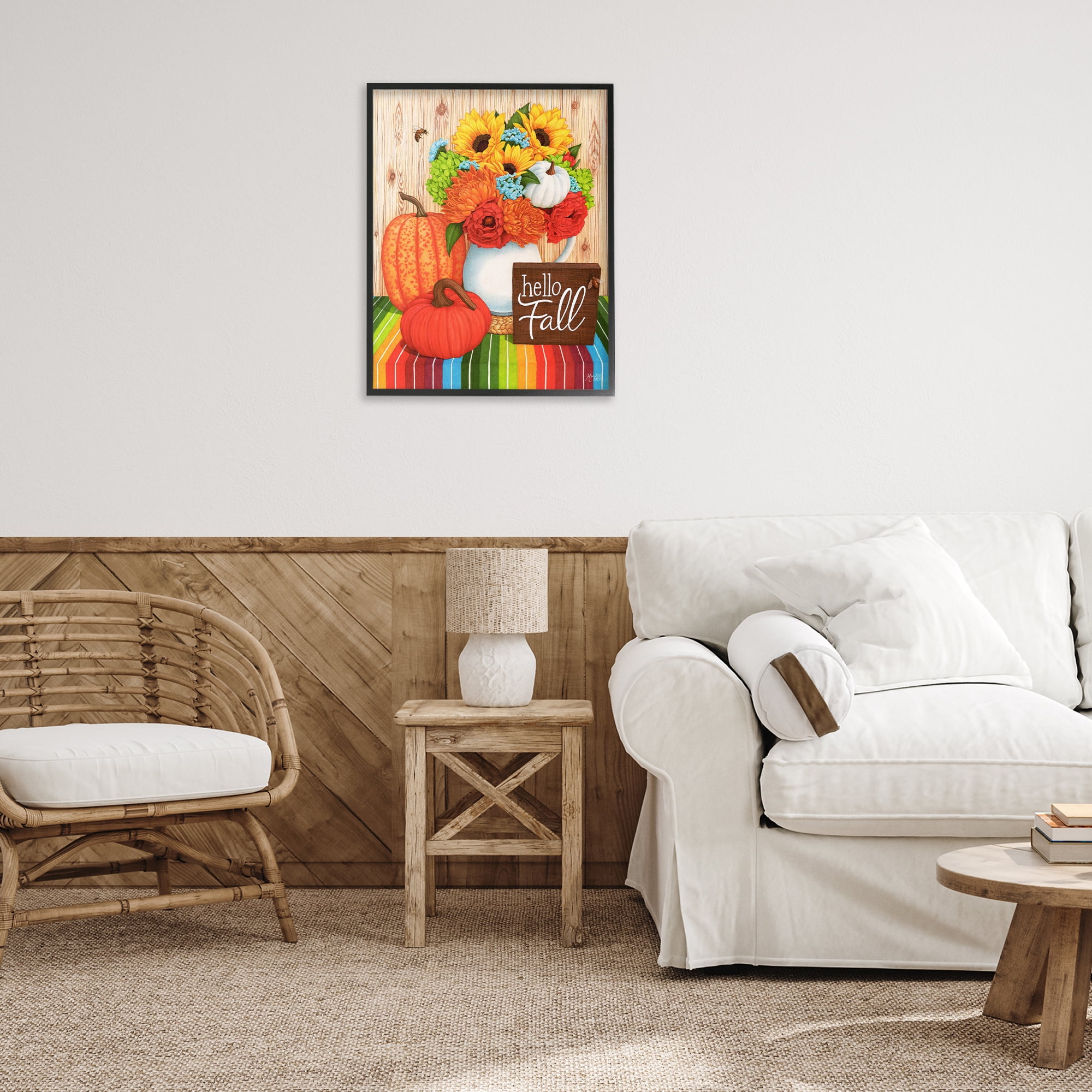 Stupell Industries Hello Fall Rainbow Pumpkins Holiday Painting Black Framed Art Prints Wall Art, 24 x 30