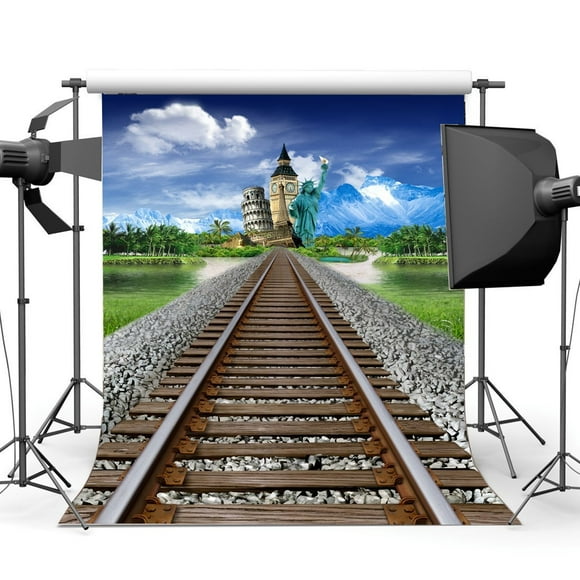 EREHome Polyester Fabric 5x7ft Statue of Liberty Backdrop Big Ben Eiffel Tower Ice Mountain Railroad Tracks Blue Sky White Cloud Travel Background Photography Backdrops Baby Kids Adults Photo Studio Props