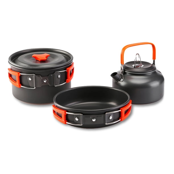 Utensilios de cocina al aire libre Camping Cocinar Pot Situación de utensilios de cocina Kit Portátil plegable Mango aislado Pan Backpacking Hervidor de agua Naranja 3 piezas sidaley OD003503-01B