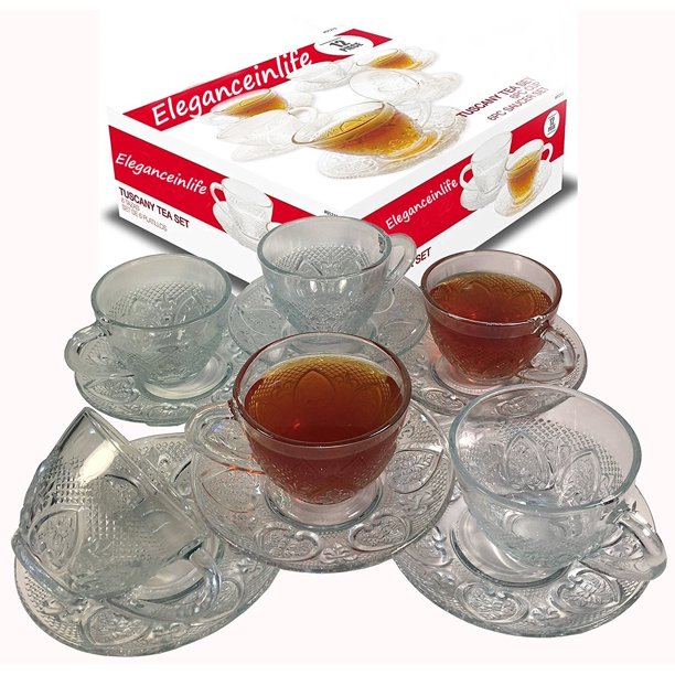 Tea Cup Set 12 Piece Cup & Saucer Set Glass Tea Party Microwave Safe