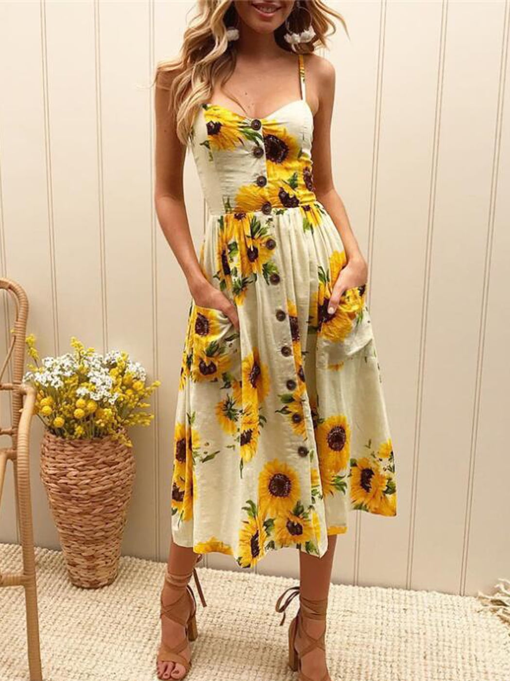 【新品タグ付き】 Sunflower-Printed Midi Dress XS Sunflower-Printed Midi Dress（ワンピース）｜Her lip to（ハー