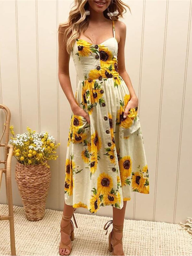 Feinuhan Womens Sunflower Print Dress Spaghetti Strap Floral Button Down  Midi Dress with Pockets, Off White, X-Large