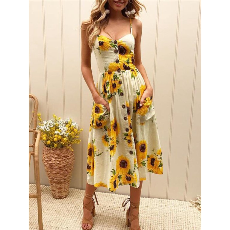 ワンピース Sunflower-Printed Midi Dress Off White Sunflower-Printed Midi Dress（ワンピース）｜Her lip to（ハー
