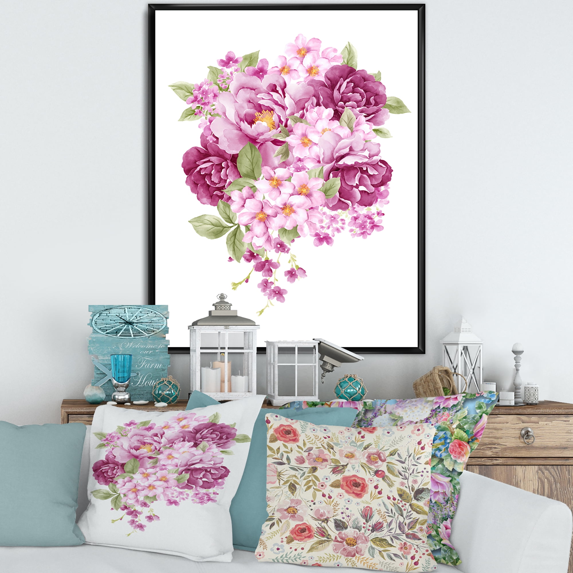 Designart 'Bouquet Of Pink Retro Flowers' Traditional Framed Canvas Wall Art Print