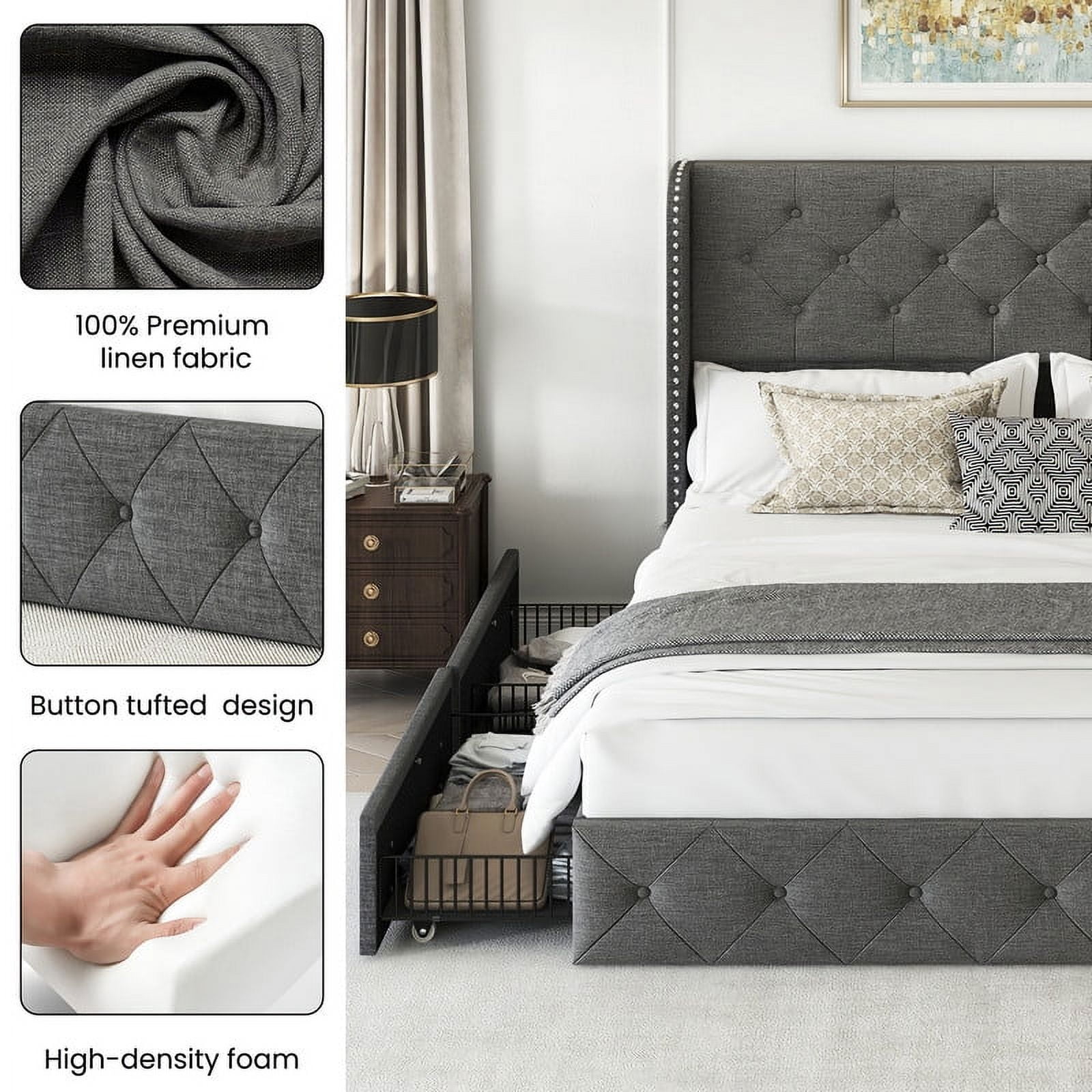 Breltam Queen Size Bed Frame with 4 Storage Drawers, Wingback Tufted Headboard, LED Lights, Light Grey Velvet Upholstered Platform Bed, No Box Spring Needed