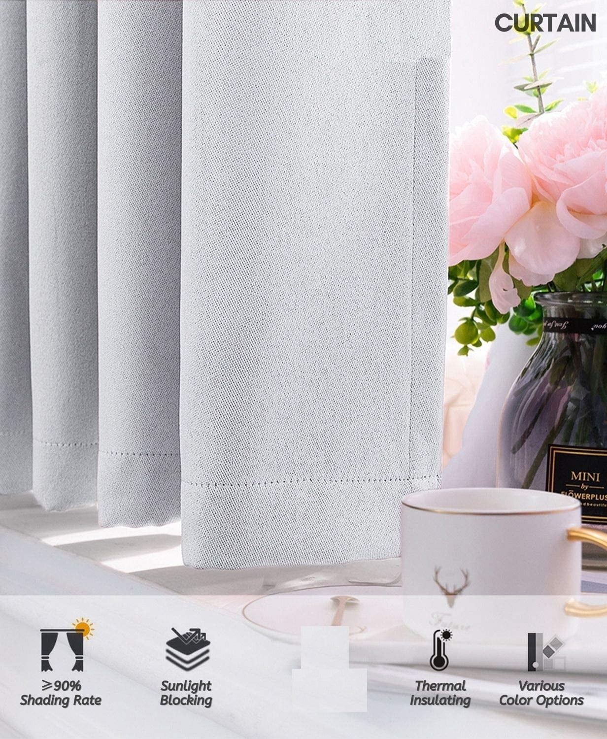 100% Blackout Linen Textured Curtains, Thermal Insulated & Noise Reducing, Energy Saving, Set of 2 Panels, 55x63”, White