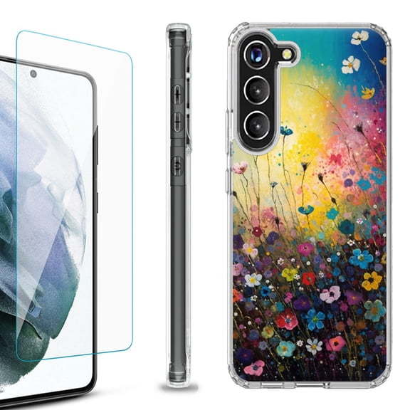 OneToughShield ® for Samsung Galaxy S23  S23 Plus 5G Shockproof Bumper Phone Case, with Tempered Glass Screen Protector - Flower Field