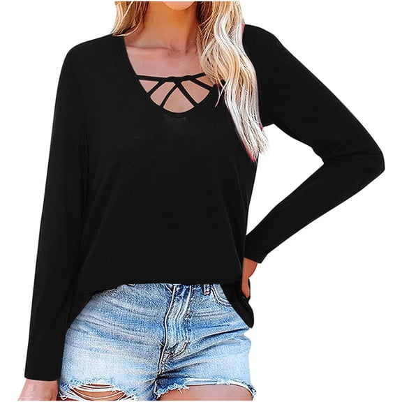 Long Sleeve Blouses for Women Casual Loose V Neck T Shirts Fall Flowy Tunic Tops Comfy Plain Criss Cross Blouse