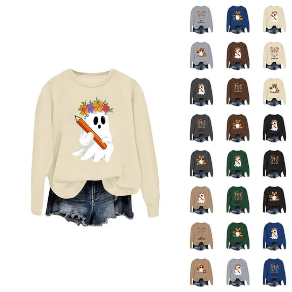 Funny Halloween Sweatshirts for Women Long Sleeve Crewneck Cute Ghost Skeleton Pumpkin Graphic Sweatshirt Pullover Top