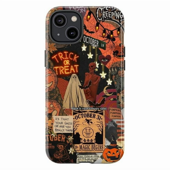 Halloween Collage Touch Phone Case for iPhone 16 15 14 13 12 11 Pro Plus Mini, Trick or Treat Skeleton Ghost Pumpkin Design, Dual Layer Protective Cover