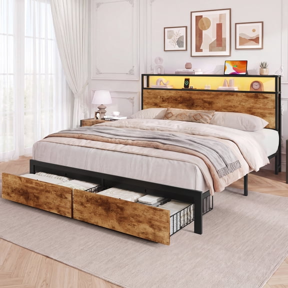 Bolvdo Queen Bed Frame with Storage Headboard, Metal Bed Frame with Drawers, Built-in Charging Station & LED, Noise-Free, Easy Assembly, Retro Brown