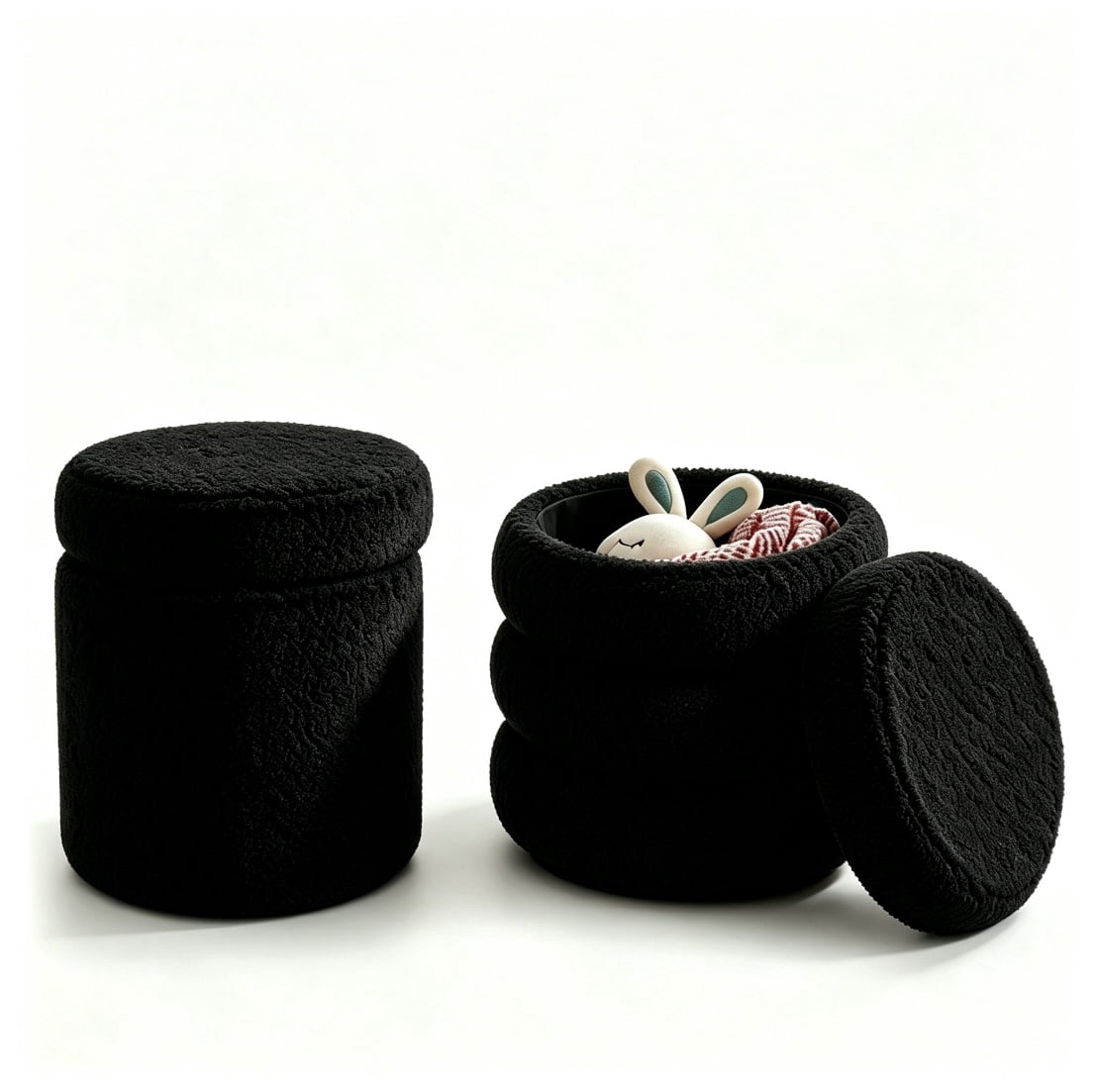 Round Ottoman 16.5 Inch, Storage Stool with Removable Lid for Living Room and Bedroom, Set of 2 Vanity Stools and Foot Rest, Black
