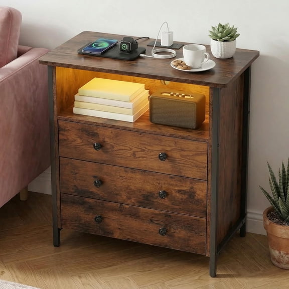JUIKURY 27 Inch Wide Nightstand with Charging Station, Large Nightstand with 3 Wood Drawers & LED Lights, Big Bedside Table with Open Shelf for Bedroom, Office, Retro Brown