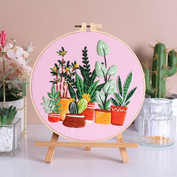 Houseplant Embroidery DIY Kit - Potted Plant/Monstera Patterns Craft Set with Full Supplies & Bamboo Hoops 1239